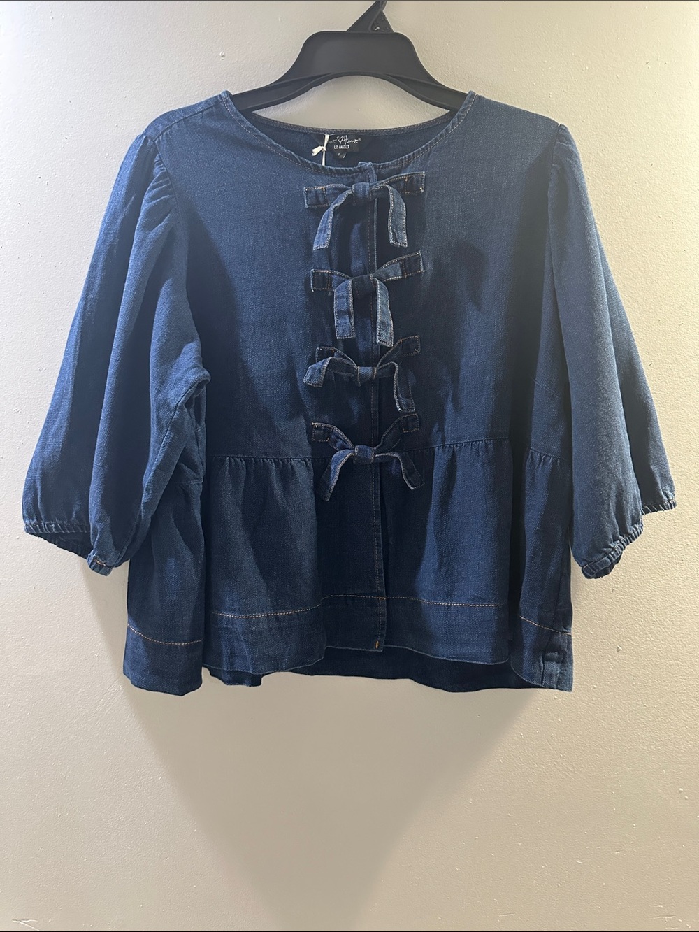 Denim Bow Front Peasant Top - Deep Indigo
